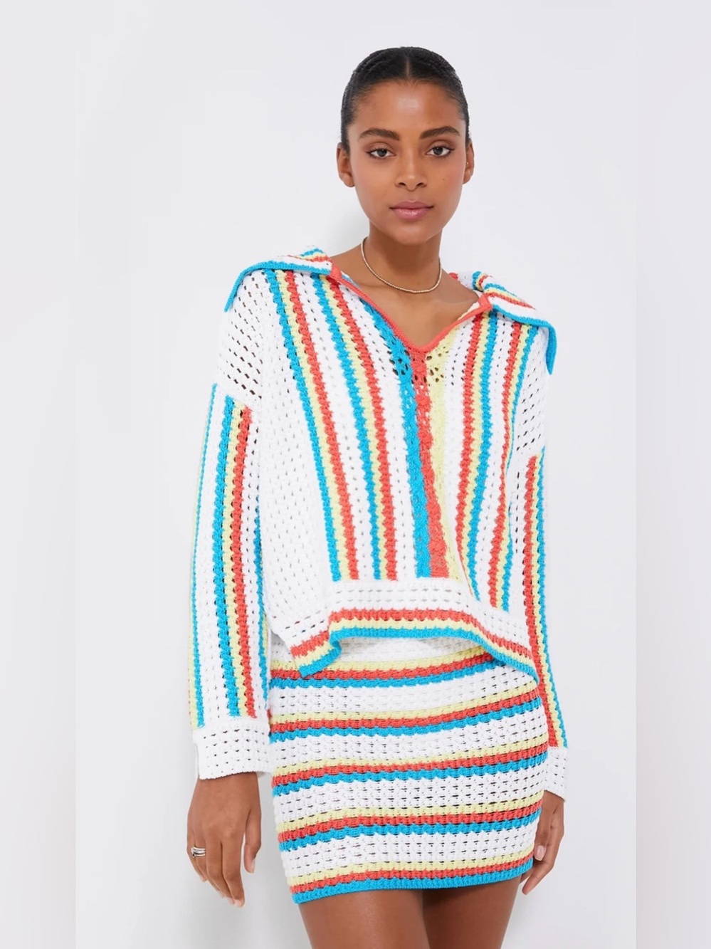SOLID & STRIPED Crochet Stripe Hoodie Cover-Up in White with Multi Color Stripes